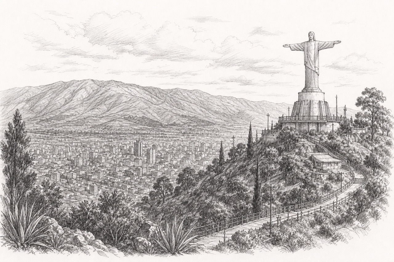 Hand-drawn pencil travel sketch for Cochabamba, Bolivia