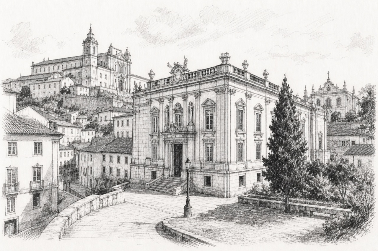 Hand-drawn pencil travel sketch for Coimbra (Sé Nova, Santa Cruz, Almedina e São Bartolomeu), Portugal