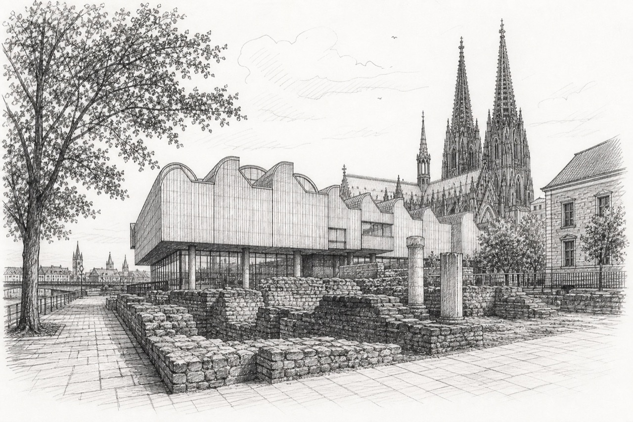 Hand-drawn pencil travel sketch for Cologne, Germany