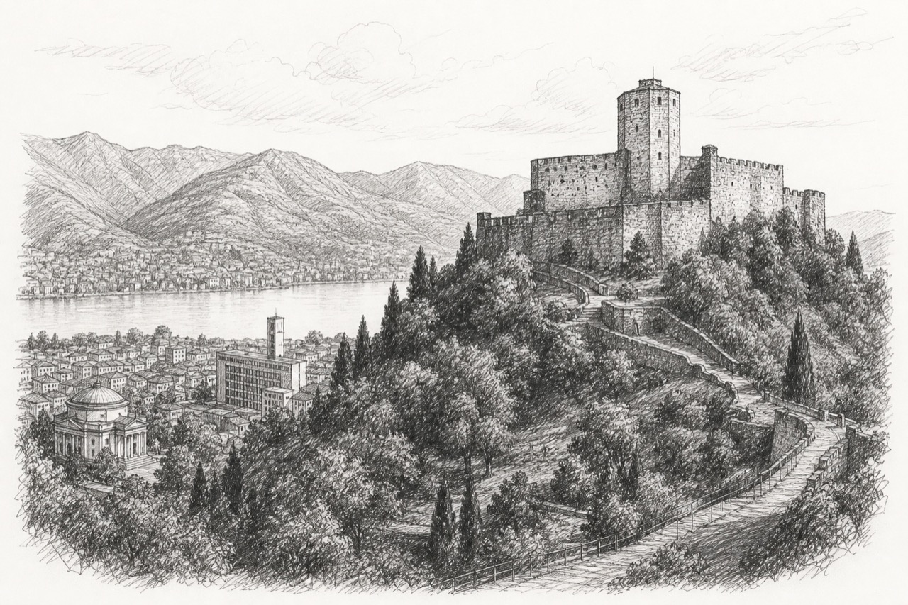 Hand-drawn pencil travel sketch for Como, Italy