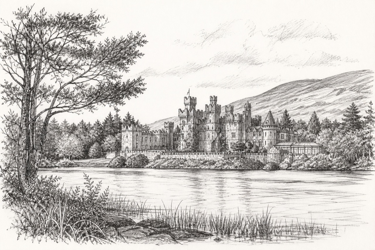 Hand-drawn pencil travel sketch for Cong, Ireland