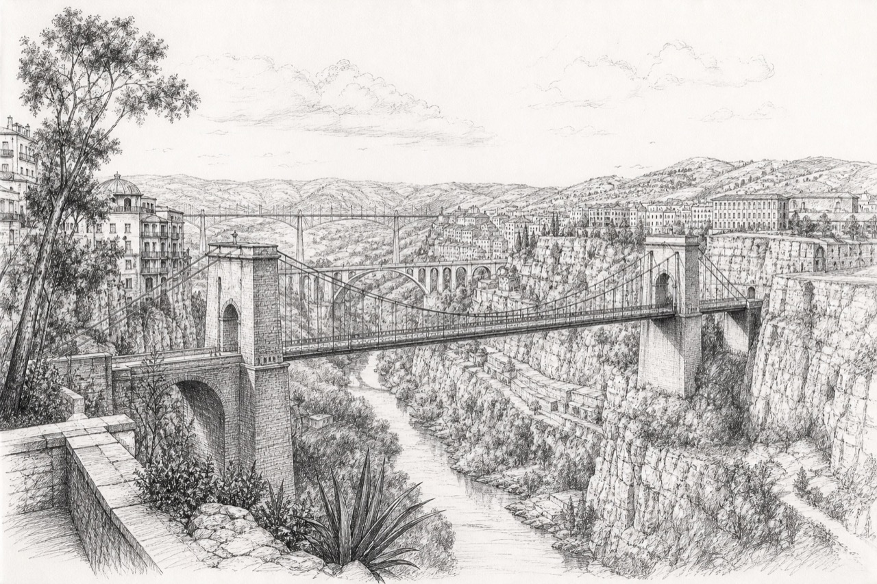 Hand-drawn pencil travel sketch for Constantine, Algeria