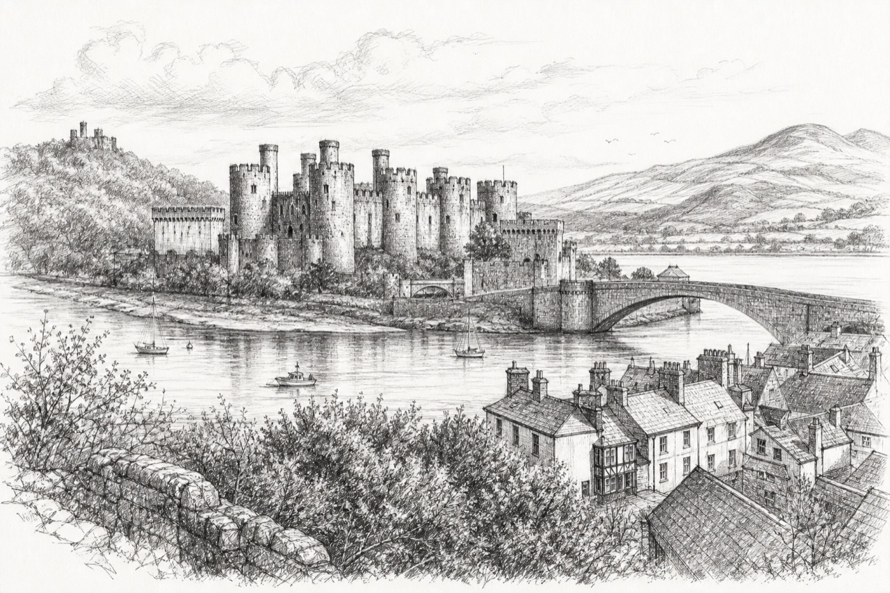 Hand-drawn pencil travel sketch for Conwy, United Kingdom