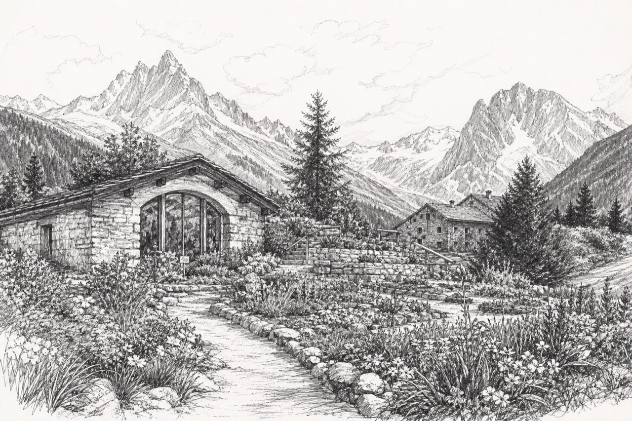 Hand-drawn pencil travel sketch for Courmayeur, Italy