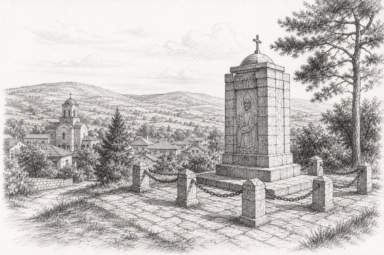 Hand-drawn pencil travel sketch for Crkvine, Serbia