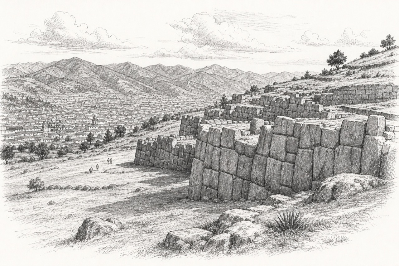 Hand-drawn pencil travel sketch for Cusco, Peru
