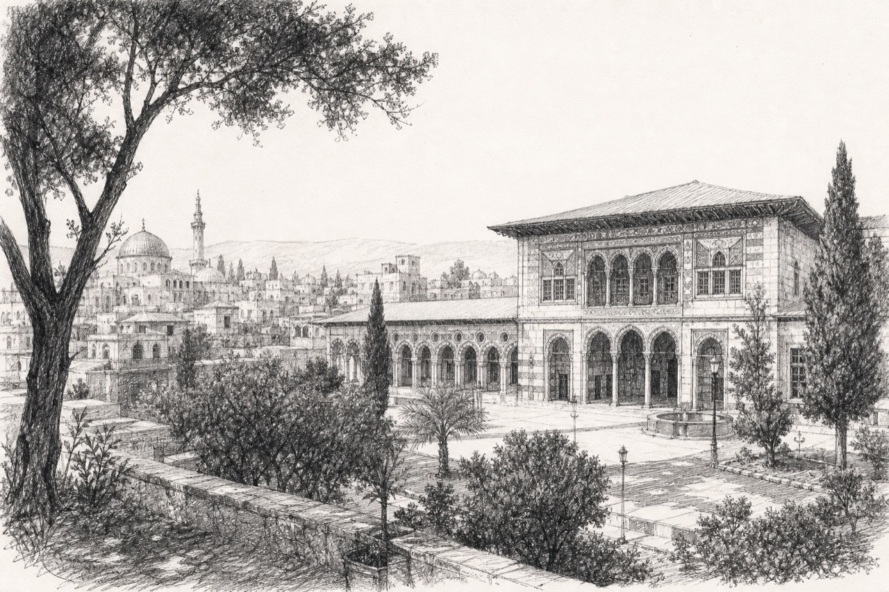 Hand-drawn pencil travel sketch for Damascus, Syria