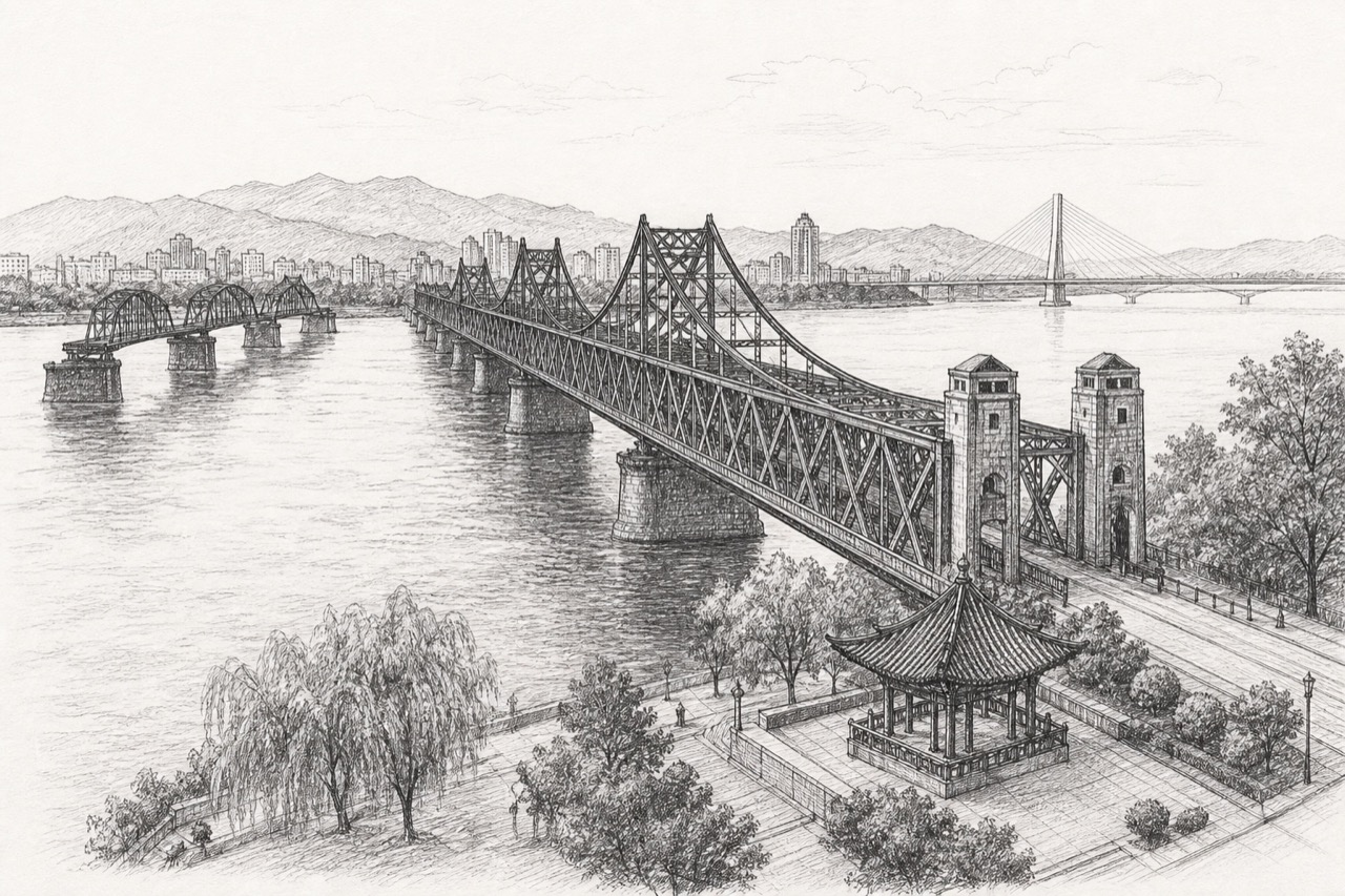 Hand-drawn pencil travel sketch for Dandong, People's Republic of China
