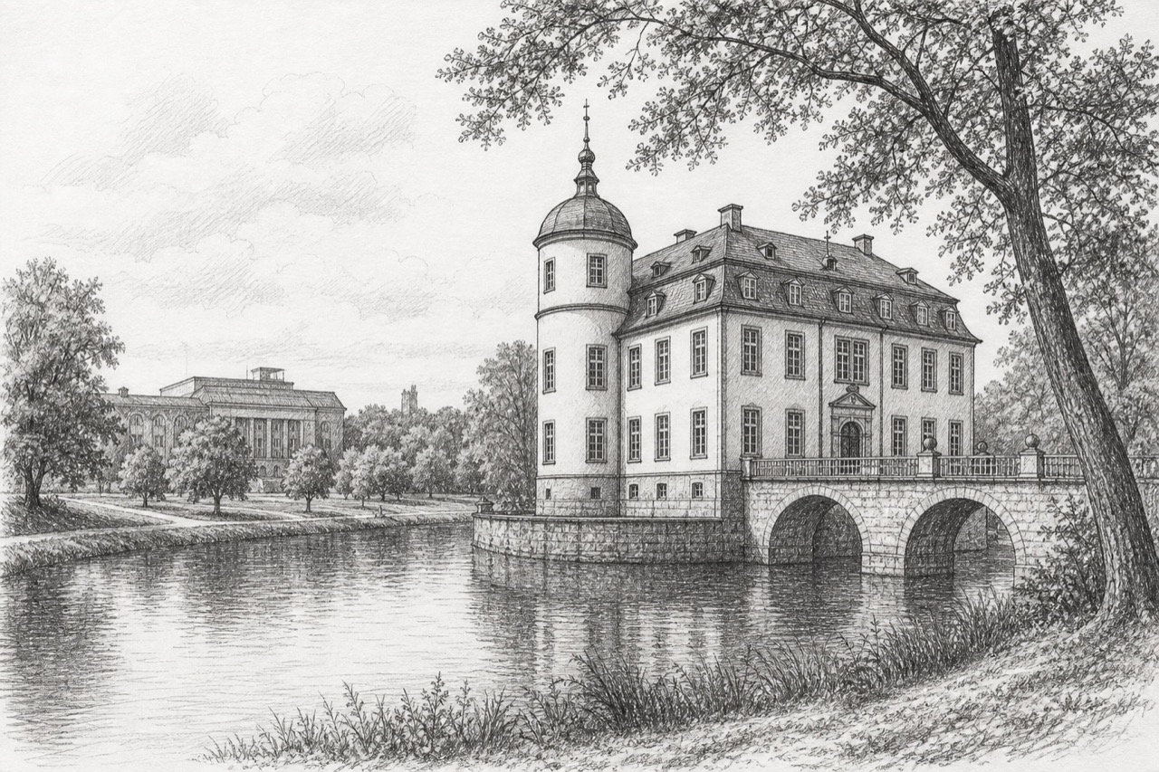 Hand-drawn pencil travel sketch for Darmstadt, Germany