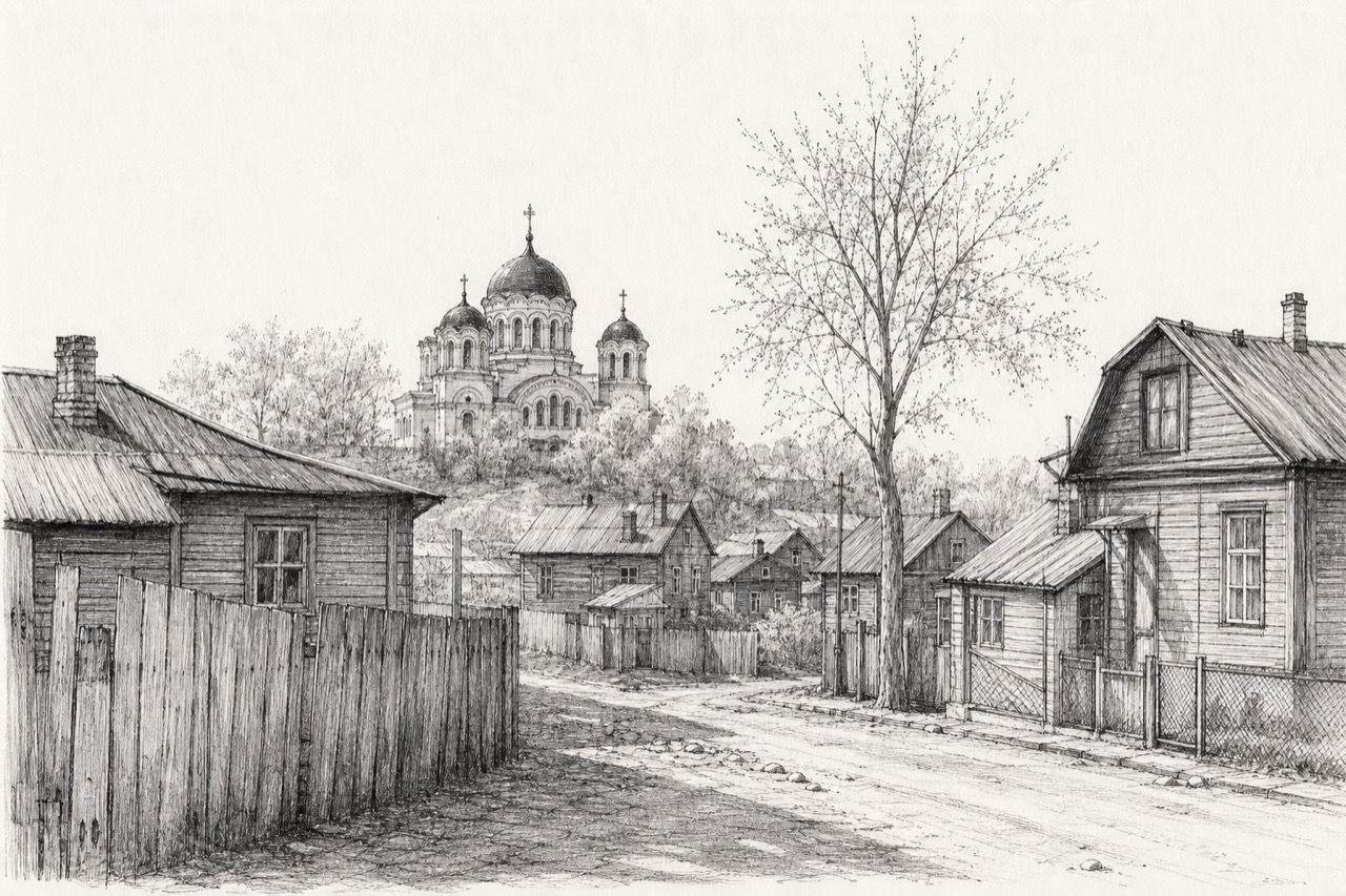 Hand-drawn pencil travel sketch for Daugavpils, Latvia