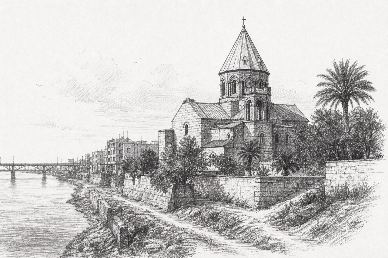 Hand-drawn pencil travel sketch for Deir ez-Zor, Syria