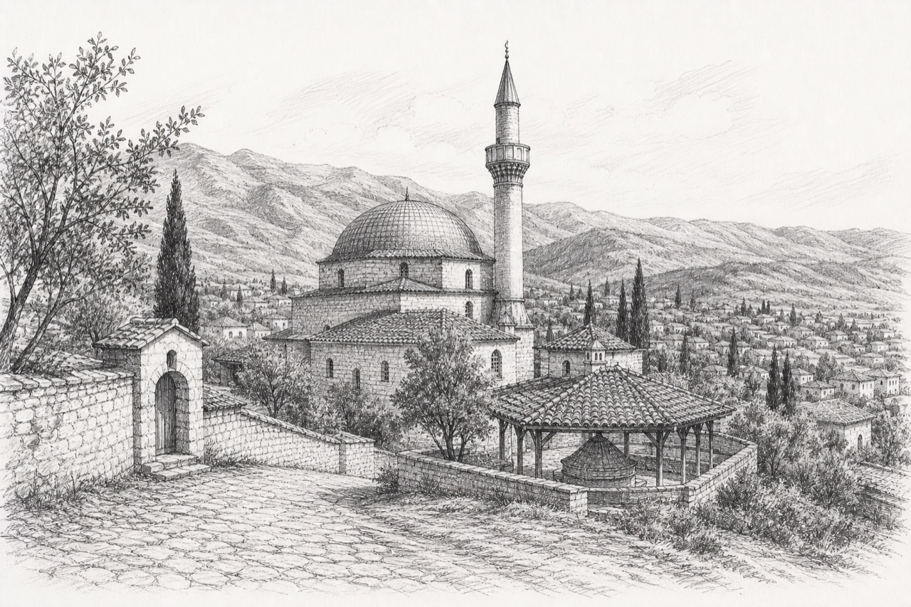 Hand-drawn pencil travel sketch for Delvinë, Albania