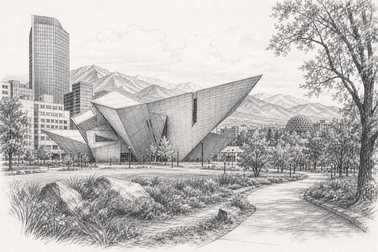 Hand-drawn pencil travel sketch for Denver, United States