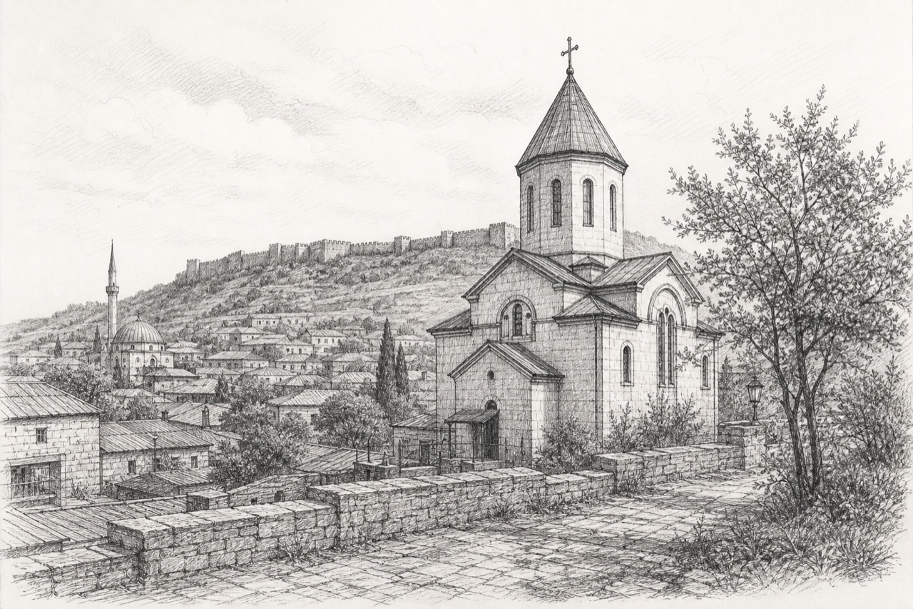 Hand-drawn pencil travel sketch for Derbent, Russia