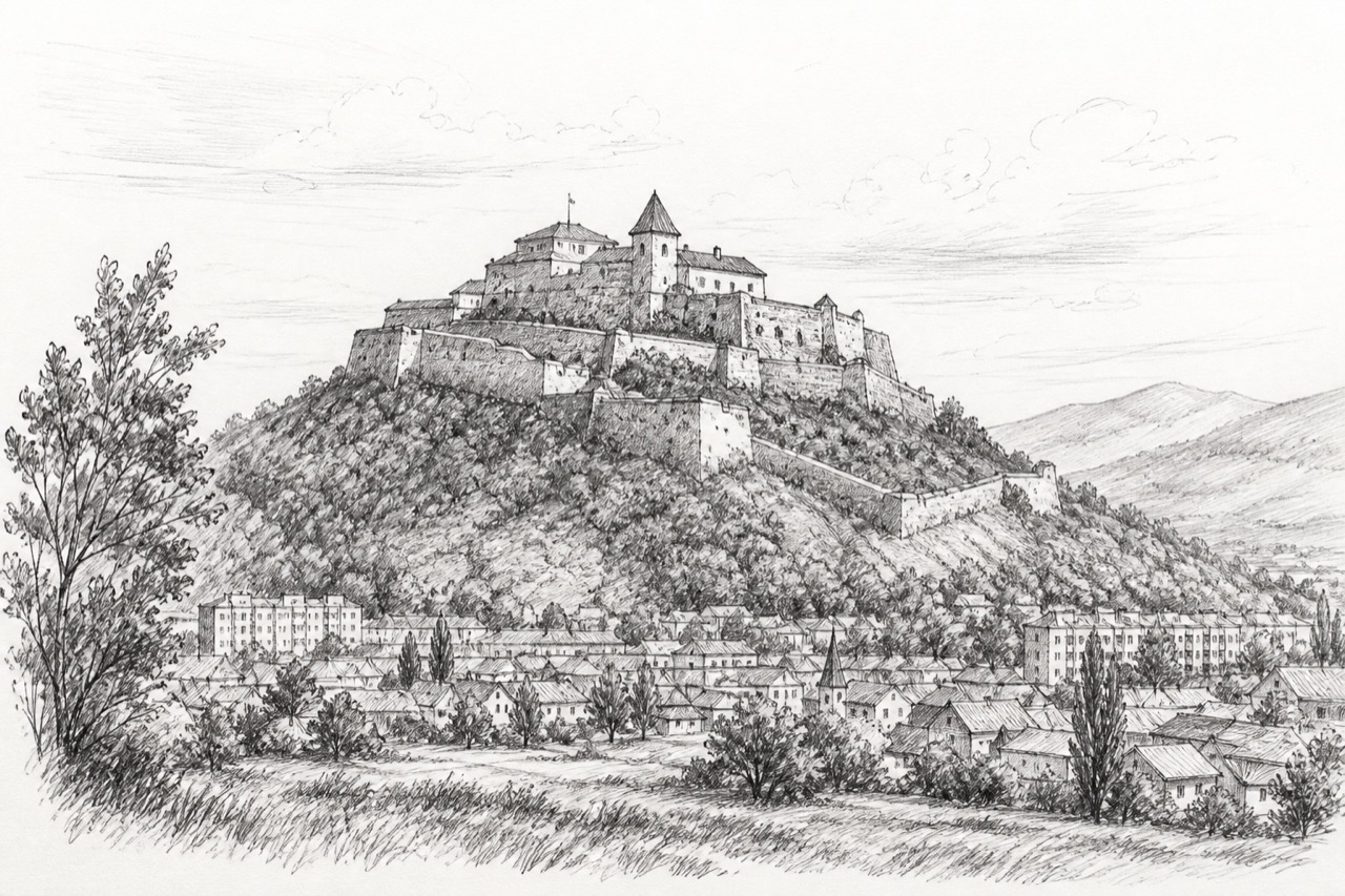 Hand-drawn pencil travel sketch for Deva, Romania