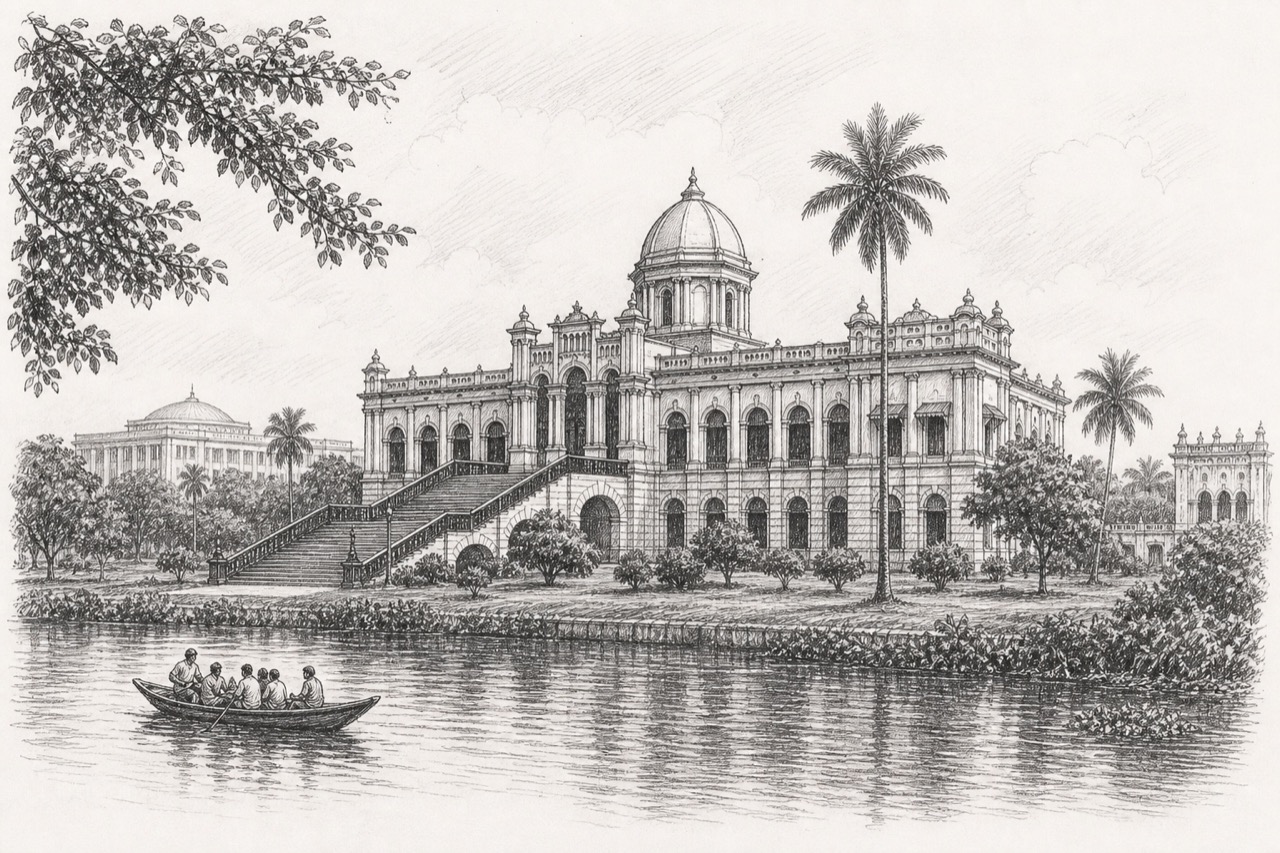 Hand-drawn pencil travel sketch for Dhaka, Bangladesh