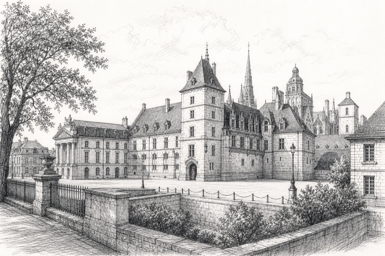 Hand-drawn pencil travel sketch for Dijon, France