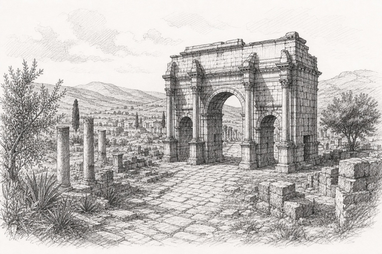 Hand-drawn pencil travel sketch for Djemila, Algeria