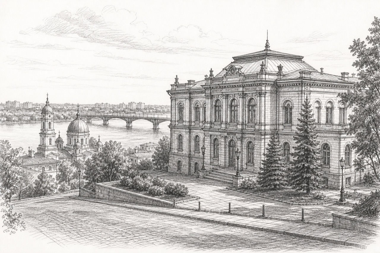 Hand-drawn pencil travel sketch for Dnipro, Ukraine