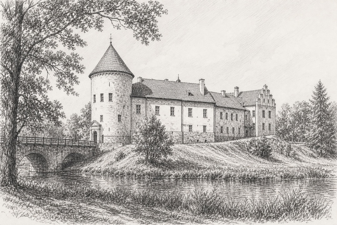 Hand-drawn pencil travel sketch for Dobele, Latvia