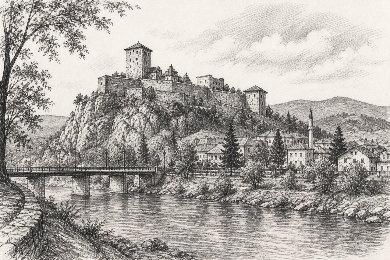 Hand-drawn pencil travel sketch for Doboj, Bosnia and Herzegovina