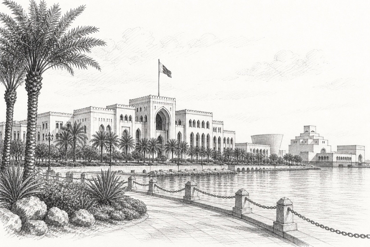 Hand-drawn pencil travel sketch for Doha, Qatar