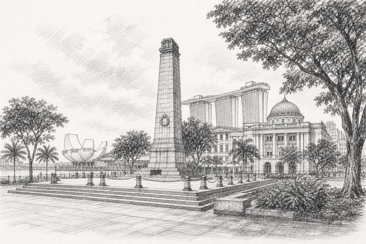 Hand-drawn pencil travel sketch for Downtown Core, Singapore