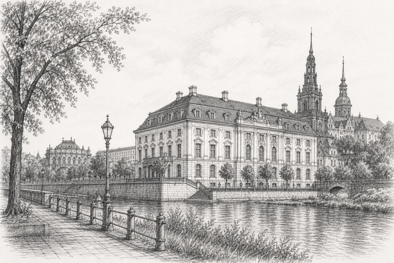 Hand-drawn pencil travel sketch for Dresden, Germany
