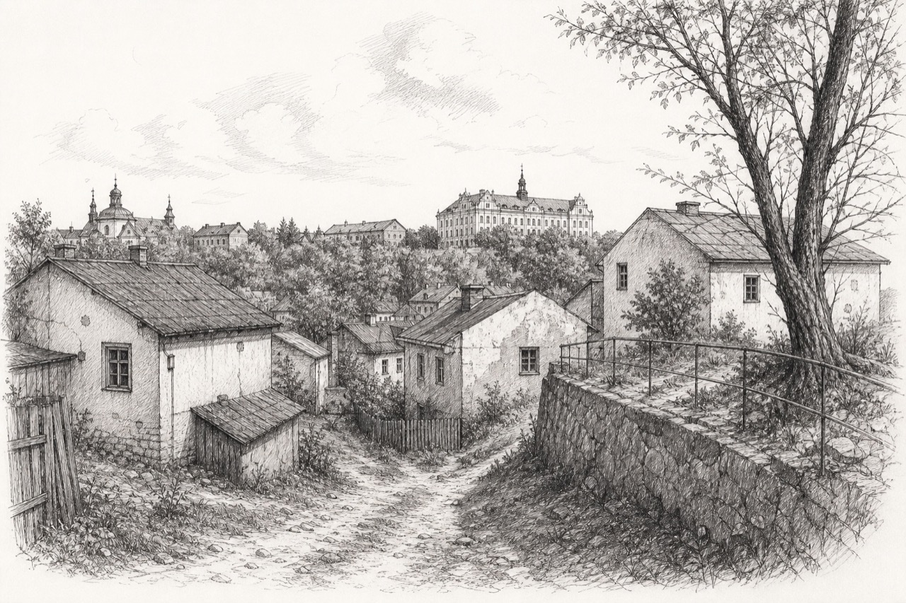 Hand-drawn pencil travel sketch for Drohobych, Ukraine