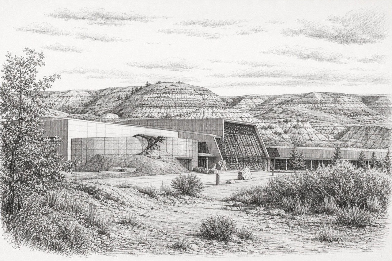 Hand-drawn pencil travel sketch for Drumheller, Canada