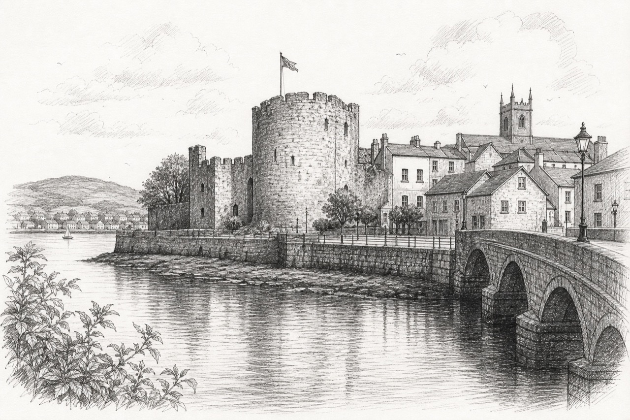 Hand-drawn pencil travel sketch for Dungarvan, Ireland
