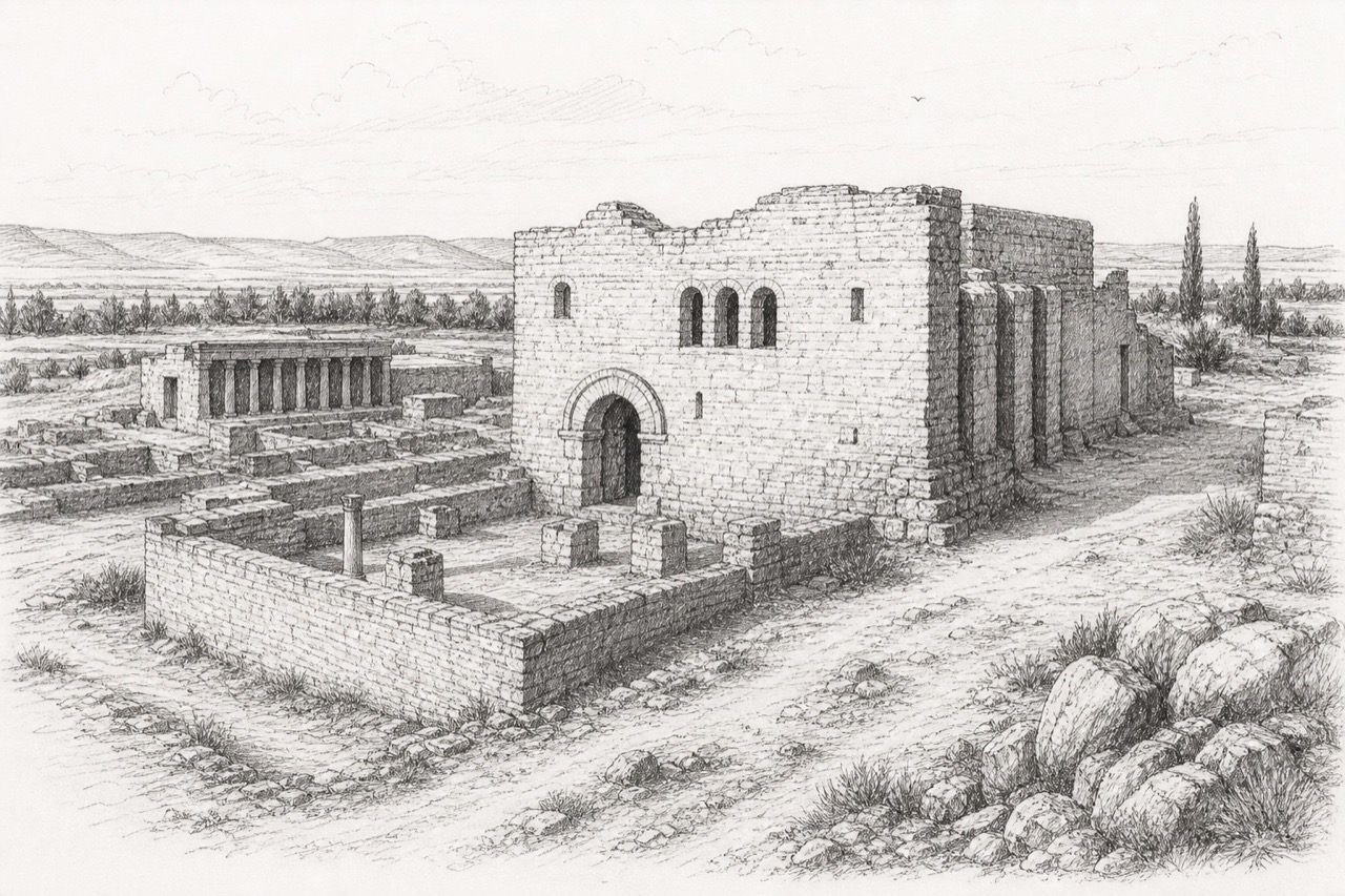 Hand-drawn pencil travel sketch for Dura-Europos, Syria