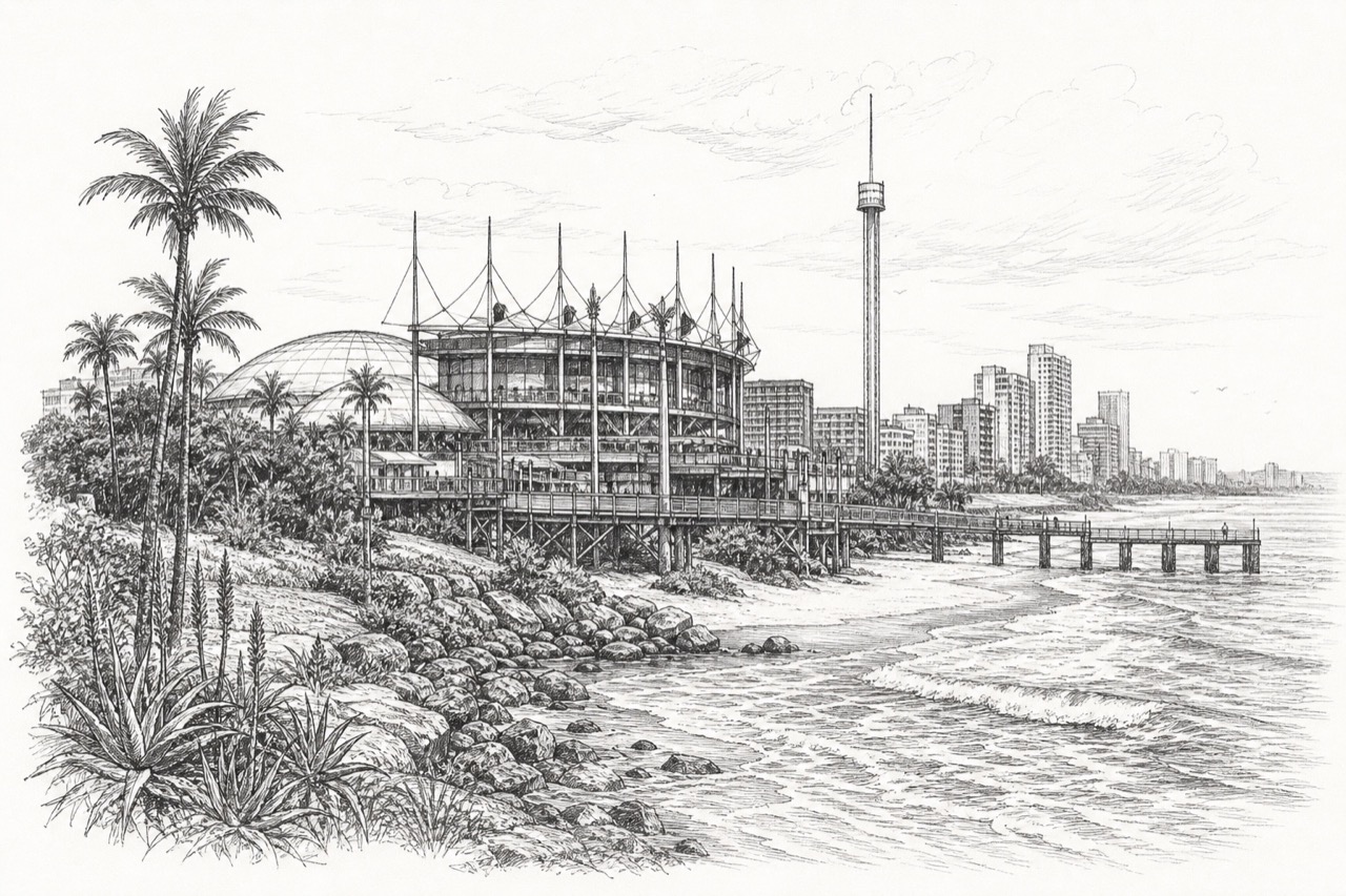 Hand-drawn pencil travel sketch for Durban, South Africa