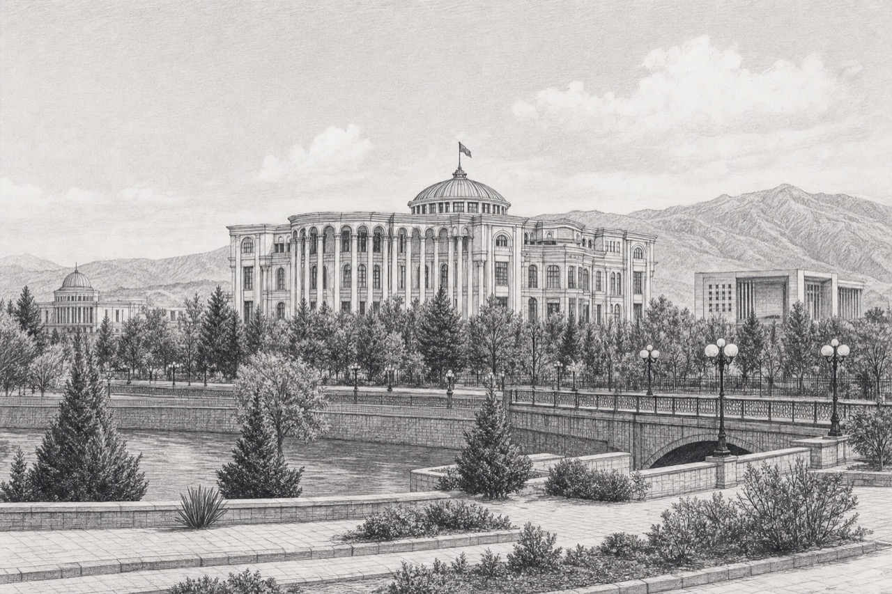 Hand-drawn pencil travel sketch for Dushanbe, Tajikistan