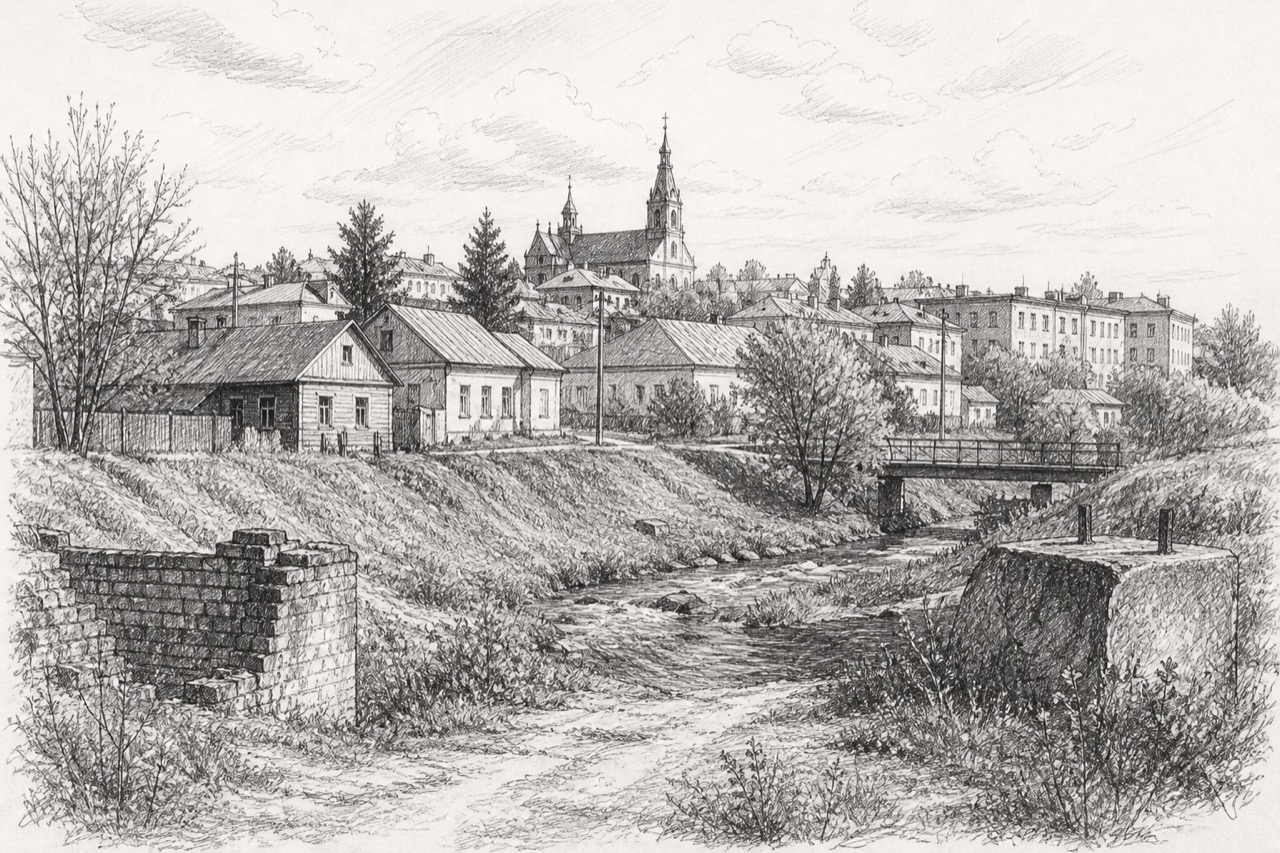 Hand-drawn pencil travel sketch for Dzyatlava, Belarus