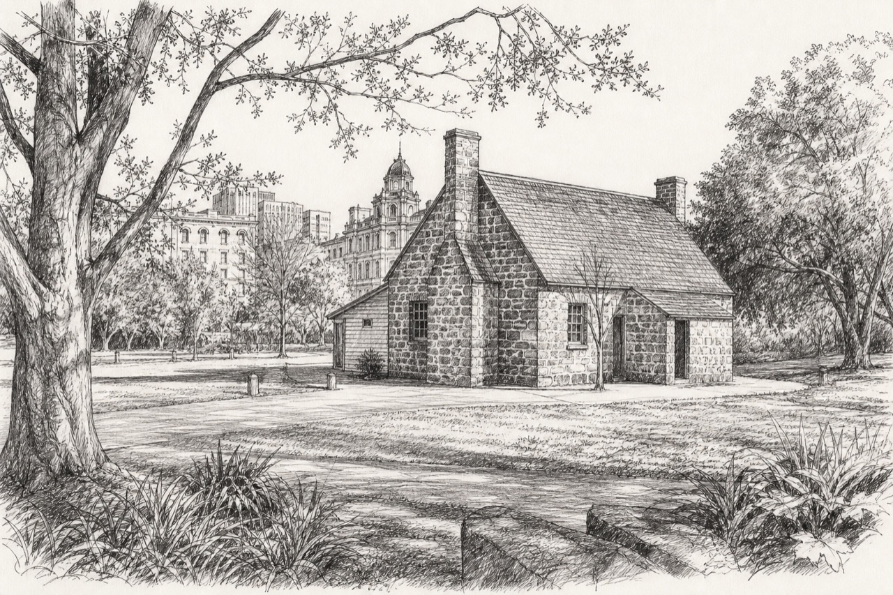 Hand-drawn pencil travel sketch for East Melbourne, Australia