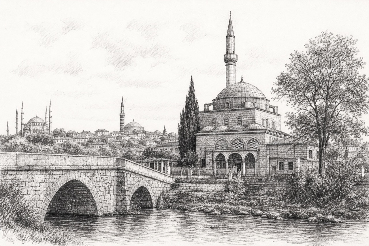 Hand-drawn pencil travel sketch for Edirne, Turkey