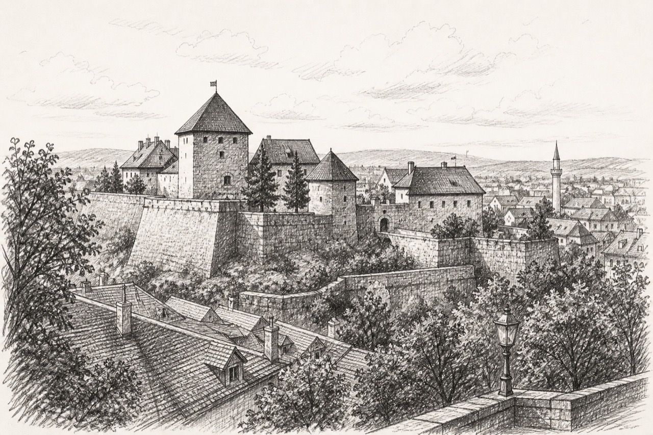 Hand-drawn pencil travel sketch for Eger, Hungary