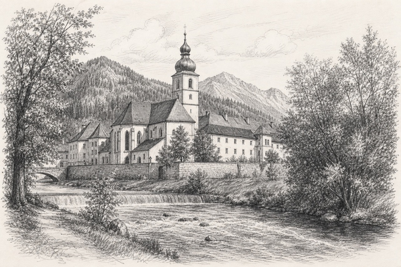 Hand-drawn pencil travel sketch for Eisbach, Austria