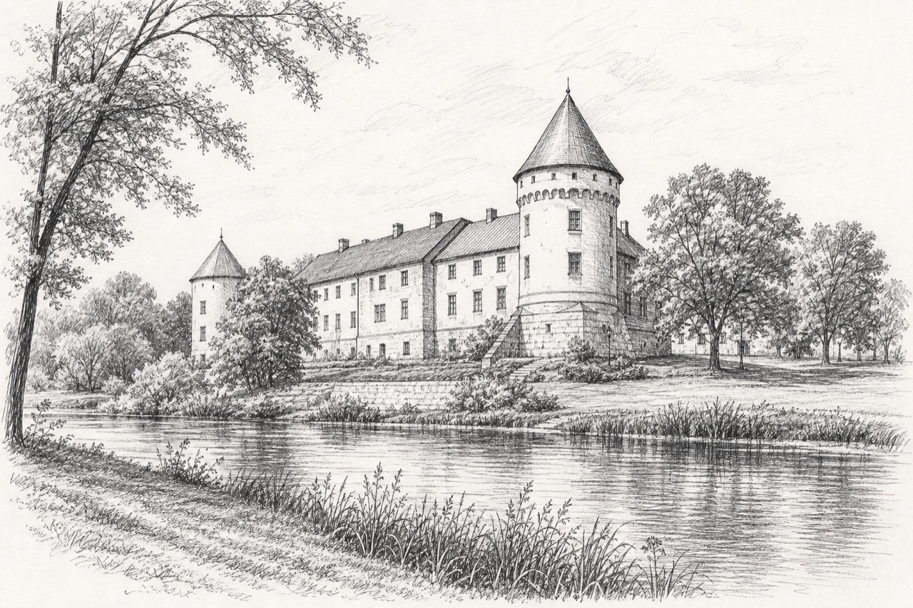 Hand-drawn pencil travel sketch for Embūte, Latvia