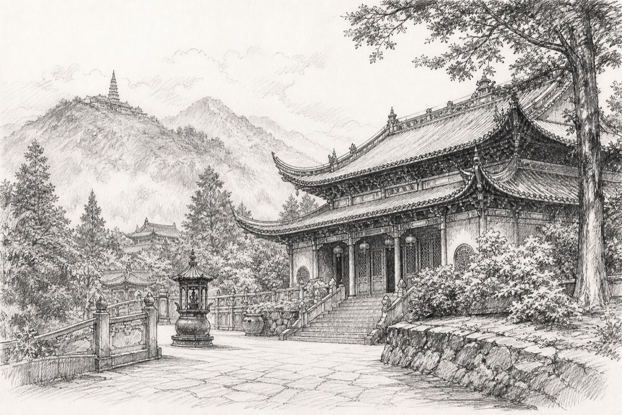 Hand-drawn pencil travel sketch for Emeishan City, People's Republic of China