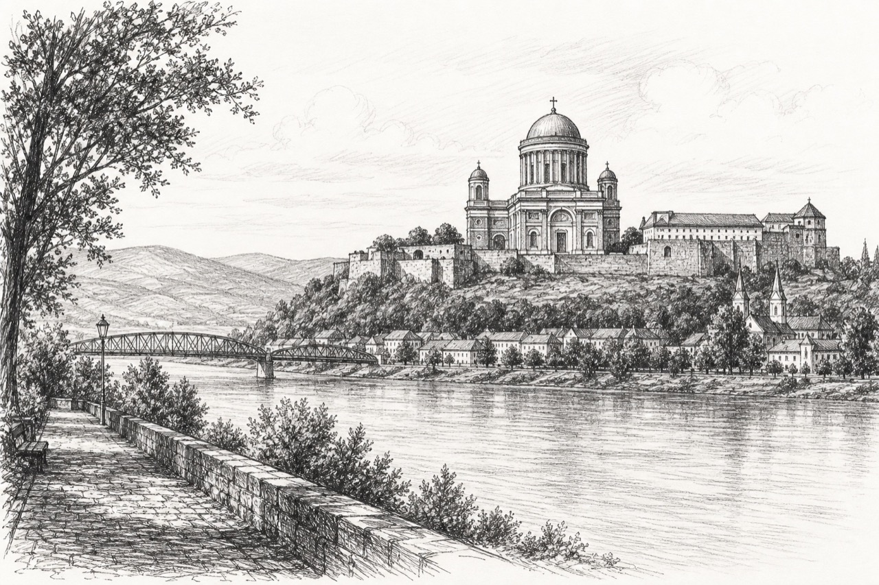 Hand-drawn pencil travel sketch for Esztergom, Hungary