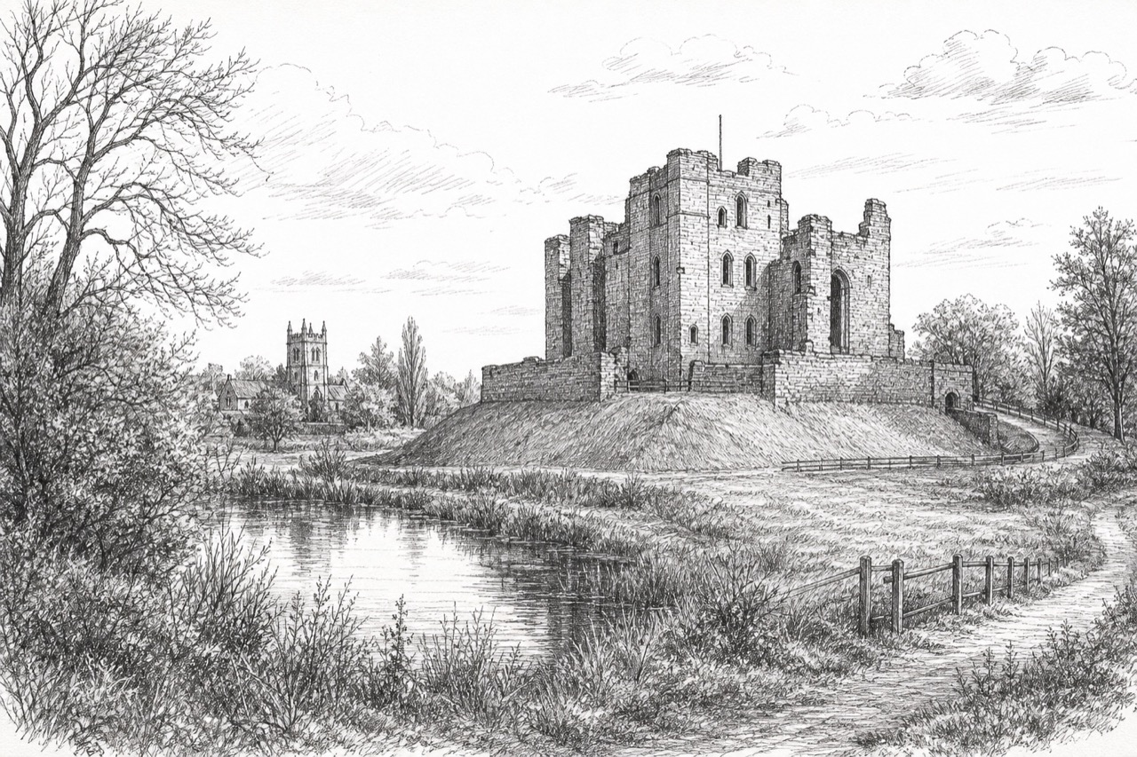 Hand-drawn pencil travel sketch for Featherstone, United Kingdom