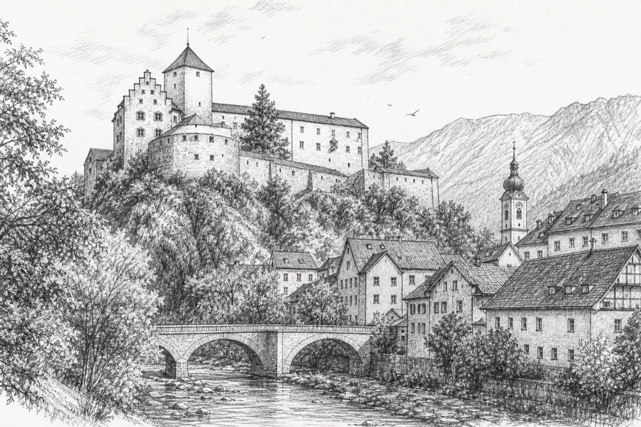 Hand-drawn pencil travel sketch for Feldkirch, Austria