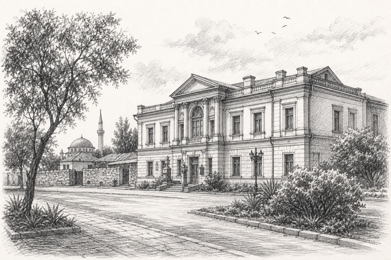 Hand-drawn pencil travel sketch for Feodosiia, Ukraine