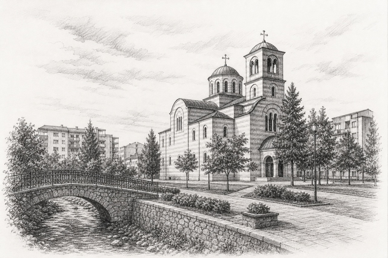Hand-drawn pencil travel sketch for Ferizaj, Kosovo