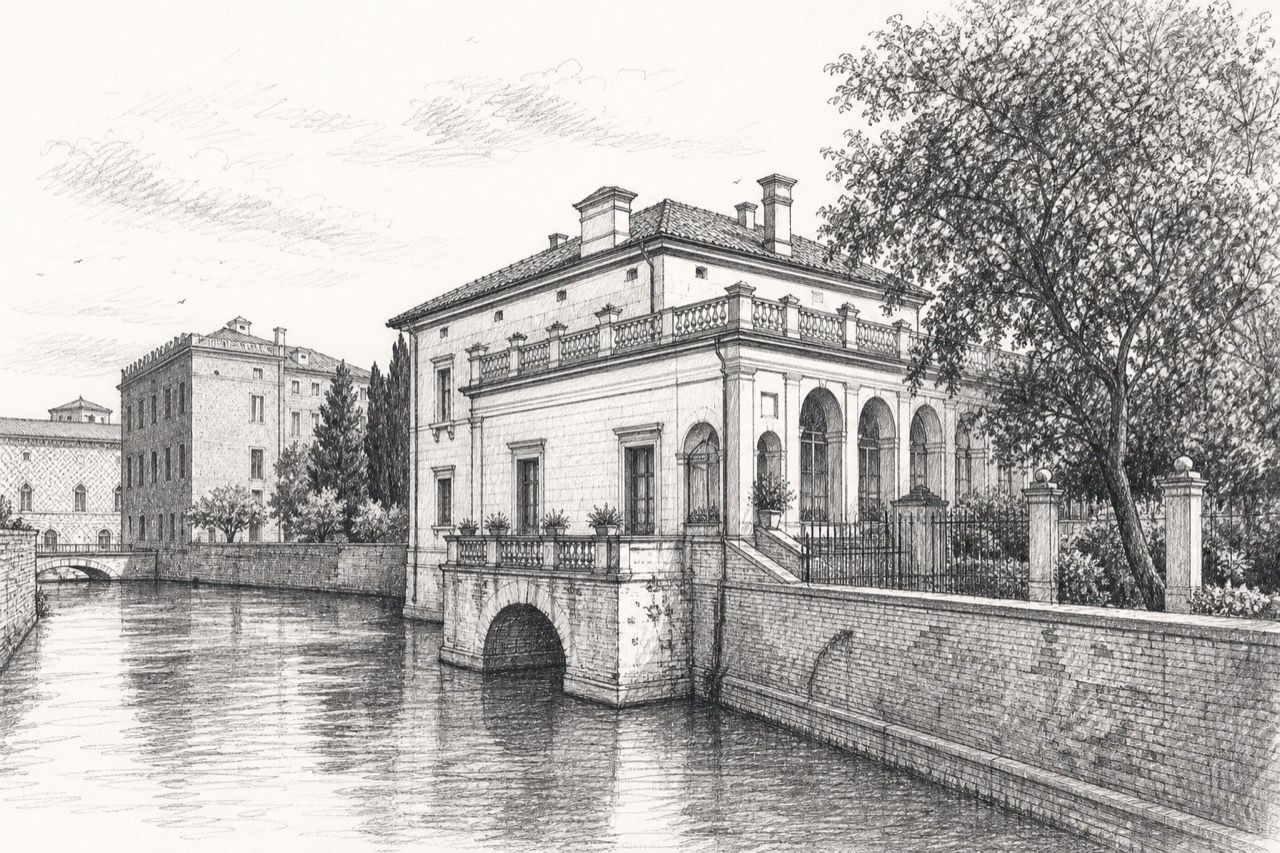Hand-drawn pencil travel sketch for Ferrara, Italy
