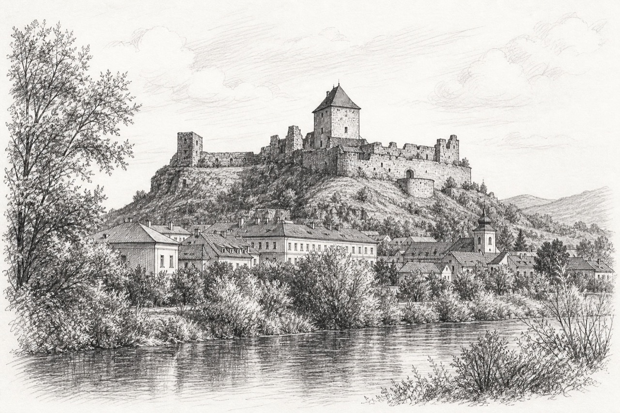 Hand-drawn pencil travel sketch for Fiľakovo, Slovakia