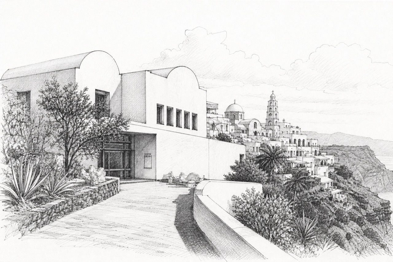 Hand-drawn pencil travel sketch for Fira, Greece