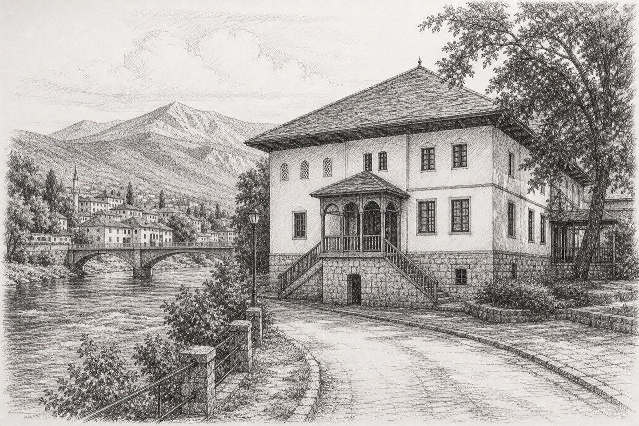 Hand-drawn pencil travel sketch for Foča, Bosnia and Herzegovina